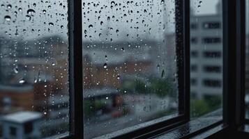 window with water droplets caused by rain , autumn vibes, copy space photo