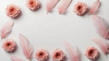 Ivory and peach flowers and feathers on a background, floral frame, copy space photo