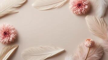 flowers and leaves creative frame on a background. Top view, flat lay. Floral composition and design photo