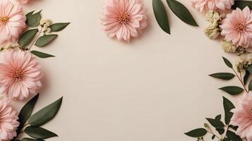 flowers and leaves creative frame on a background. Top view, flat lay. Floral composition and design photo