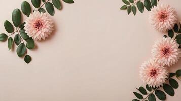 flowers and leaves creative frame on a background. Top view, flat lay. Floral composition and design photo