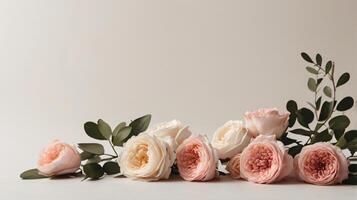 flowers and leaves creative frame on a background. Top view, flat lay. Floral composition and design photo