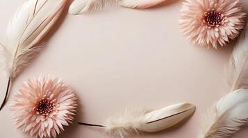 flowers and leaves creative frame on a background. Top view, flat lay. Floral composition and design photo