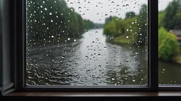 window with water droplets caused by rain , autumn vibes, copy space photo