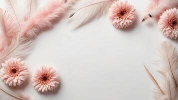 Ivory and peach flowers and feathers on a background, floral frame, copy space photo