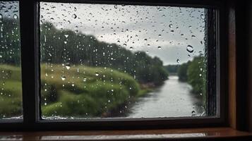 window with water droplets caused by rain , autumn vibes, copy space photo