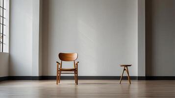 Mockup of a modern minimalist house with an accent chair on a wall background. Flat lay, copy space photo