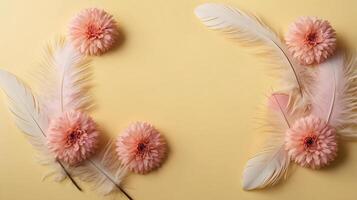 flowers and leaves creative frame on a background. Top view, flat lay. Floral composition and design photo