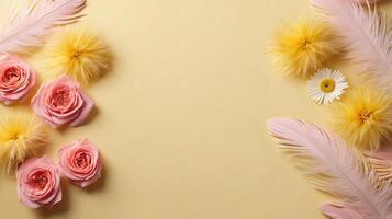 flowers and leaves creative frame on a background. Top view, flat lay. Floral composition and design photo