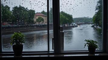 window with water droplets caused by rain , autumn vibes, copy space photo