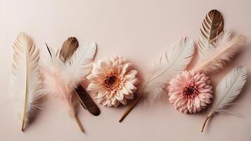 flowers and leaves creative frame on a background. Top view, flat lay. Floral composition and design photo