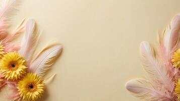 flowers and leaves creative frame on a background. Top view, flat lay. Floral composition and design photo