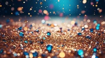 Festive twinkle glitters background, abstract sparkle backdrop. glittering sparks with glow effect photo