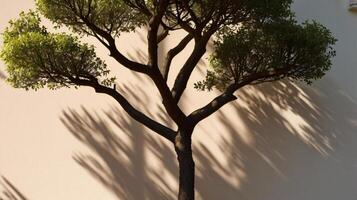 Abstract tree branches shadows on beige concrete wall texture. Copy space, poster mockup flat lay photo
