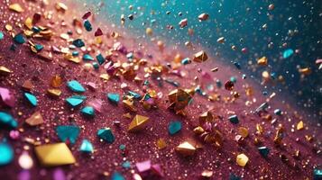Festive twinkle glitters background, abstract sparkle backdrop. glittering sparks with glow effect photo