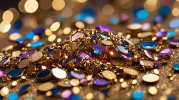 Festive twinkle glitters background, abstract sparkle backdrop. glittering sparks with glow effect photo