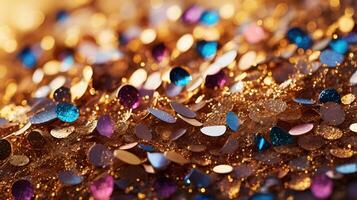 Festive twinkle glitters background, abstract sparkle backdrop. glittering sparks with glow effect photo