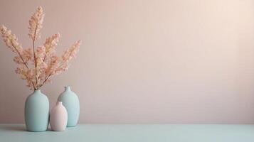 Vase on a floor, minimalist background, copy space, soft pastel colors, flowers and branches photo