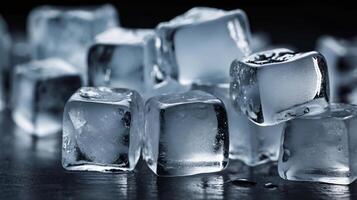 ice cubes and cooling smoke on dark table background. Ice blocks with cold drinks. photo