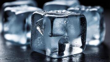 ice cubes and cooling smoke on dark table background. Ice blocks with cold drinks. photo