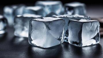 ice cubes and cooling smoke on dark table background. Ice blocks with cold drinks. photo