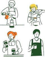 Hand-Drawn of Baristas Preparing Coffee in a Cafe Environment vector