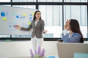 Confident Female Accountant Giving a Presentation and Exchanging Ideas in a Modern Office Setting photo