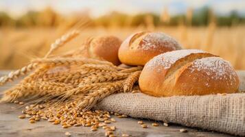 Freshly baked bread with corns in front of a wheat field photo