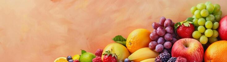 apricot colored background banner with different fruits photo