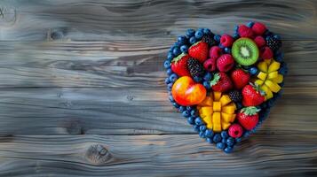 illustration of fruits in a heart shape on wooden surface photo