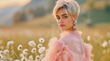 blonde woman with short hair with a playful pink dress photo