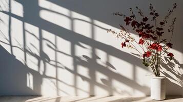 Elegant flowers in vase on a floor, minimalist design. soft shadows on a walls, copy space photo
