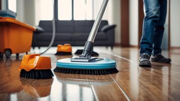 cleaning process with a mopcleaner close-up. space for text, copy space, service, Labor Day photo