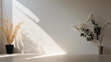 Elegant flowers in vase on a floor, minimalist design. soft shadows on a walls, copy space photo