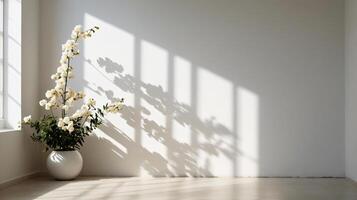 Elegant flowers in vase on a floor, minimalist design. soft shadows on a walls, copy space photo