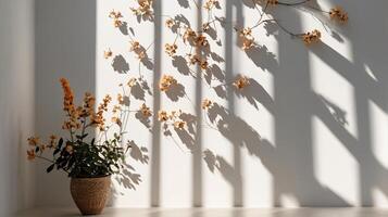 Elegant flowers in vase on a floor, minimalist design. soft shadows on a walls, copy space photo