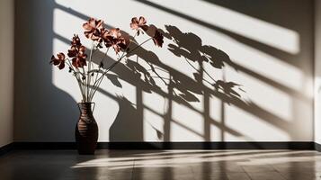 Elegant flowers in vase on a floor, minimalist design. soft shadows on a walls, copy space photo