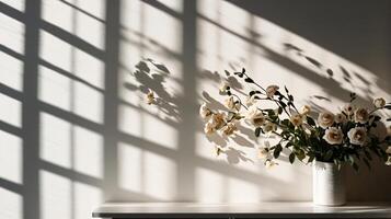 Elegant flowers in vase on a floor, minimalist design. soft shadows on a walls, copy space photo