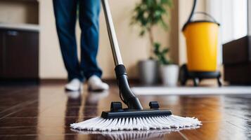 cleaning process with a mopcleaner close-up. space for text, copy space, service, Labor Day photo