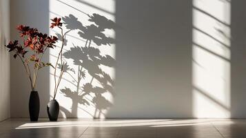 Elegant flowers in vase on a floor, minimalist design. soft shadows on a walls, copy space photo