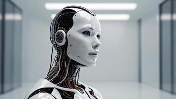 Humanoid AI robot, artificial intelligence and entertainment concept, copy space photo