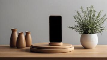 Black mobile smartphone mockup with blank screen isolated on a table, application or design project. photo