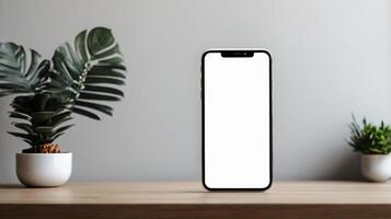 Black mobile smartphone mockup with blank screen isolated on a table, application or design project. photo