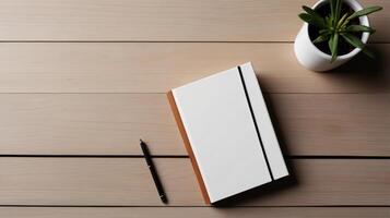 Book mockup design. Blank white book on dining table in aesthetic style with tableware, copy space photo