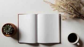 Open book mock up flat lay with aesthetic items on a table, copy space photo