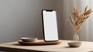 Black mobile smartphone mockup with blank screen isolated on a table, application or design project. photo