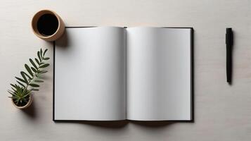 Open book mock up flat lay with aesthetic items on a table, copy space photo