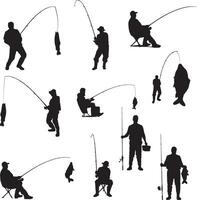 silhouettes of people fishing on a white background vector