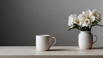 White ceramic cup with on a table background with aesthetic details, mock up, template. photo