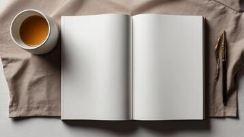 Open book mock up flat lay with aesthetic items on a table, copy space photo